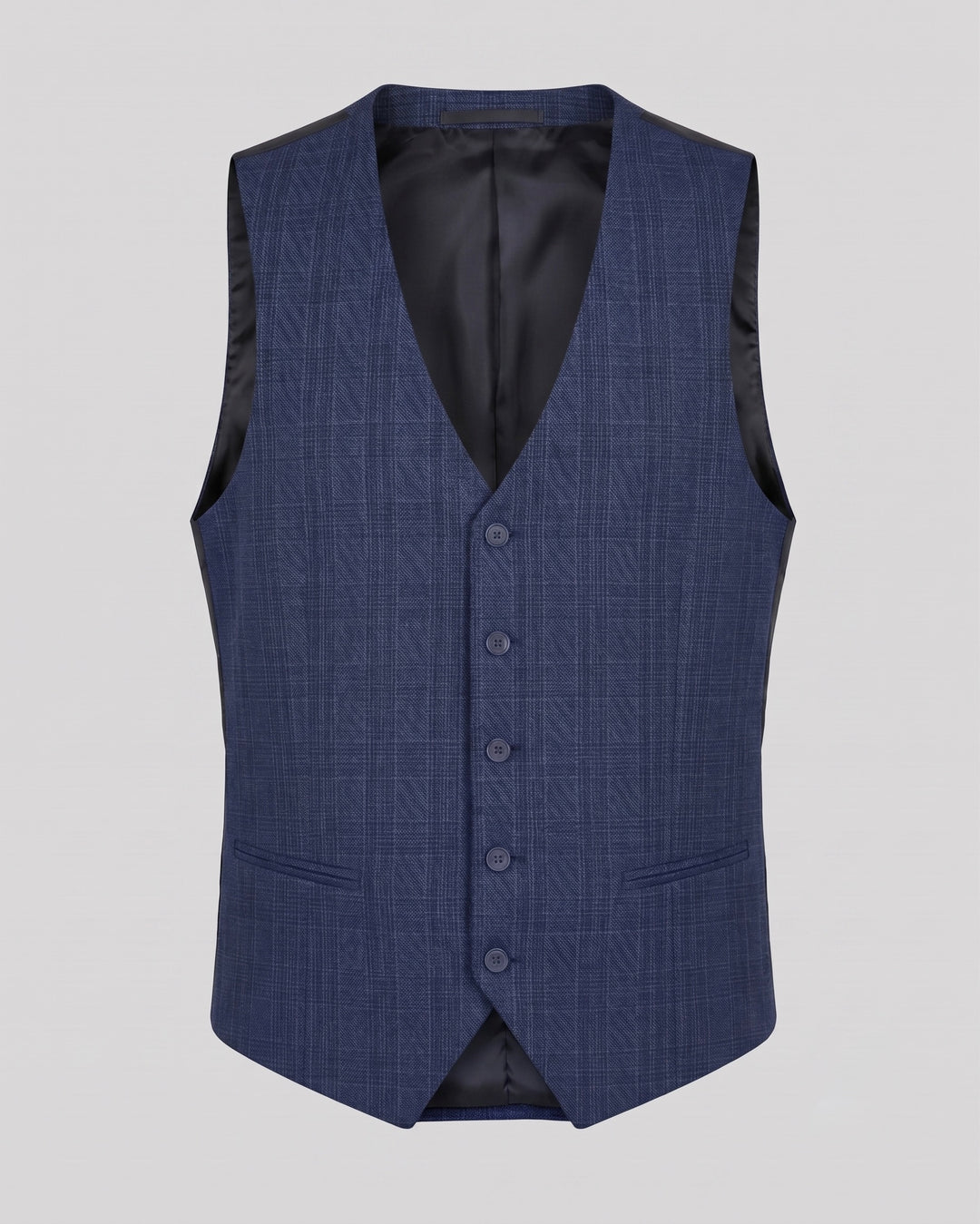 ВЪЛНЕН КОСТЮМ ОТ ТРИ ЧАСТИ В ТЪМНОСИНЬО КАРЕ