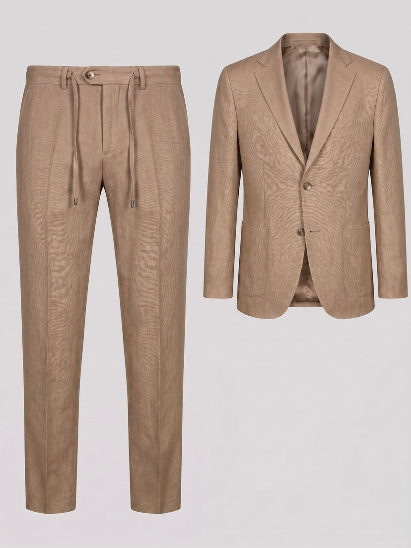 ЛЕНЕН КОСТЮМ ОТ ДВЕ ЧАСТИ В СВЕТЛО КАФЯВ ЦВЯТ